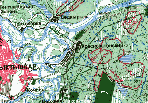 Карта грибных и ягодных мест в Сыктывкаре под Краснозатонским.