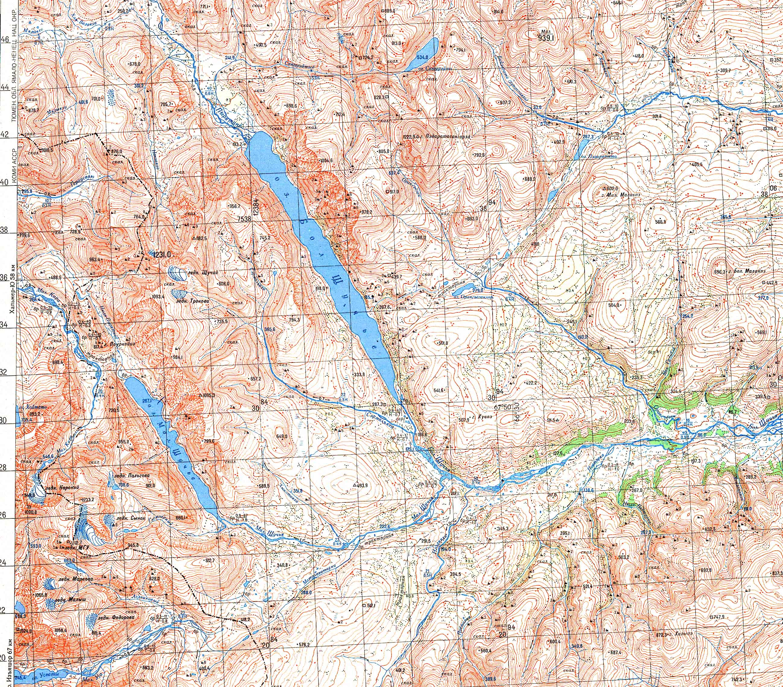 Топографическая карта Приполярного Урала (двухкилометровка). Щучьи озера >>>