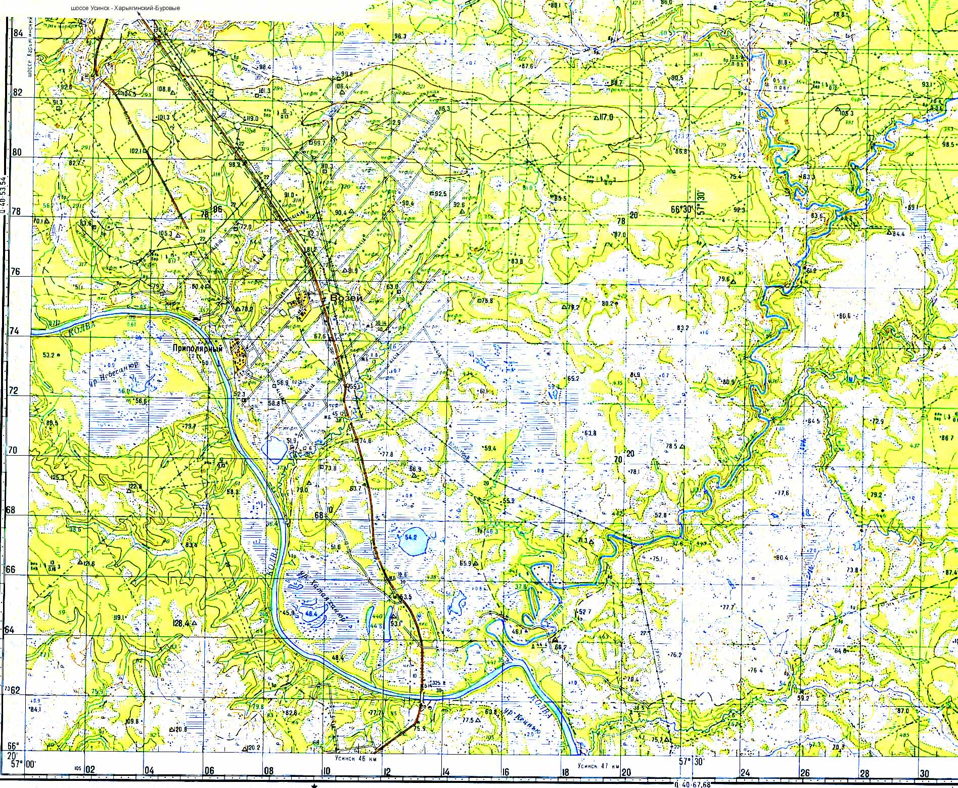 Топографическая карта Усинского района. Возейское месторождение нефти >>> 