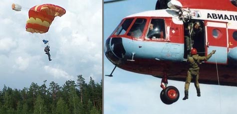 Производственные прыжки парашютистов. Спуск десантника–пожарного с вертолета Ми-8